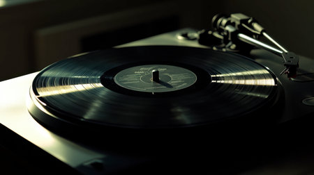 A black vinyl record spinning on a turntable, with soft light casting shadows around it.の素材