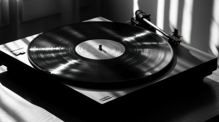 A black vinyl record spinning on a turntable, with soft light casting shadows around it.の素材