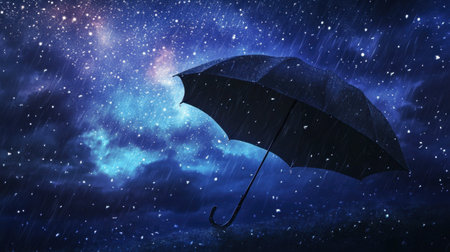 A black umbrella being held against a rainy night sky, with raindrops falling all around.の素材