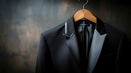 A black tuxedo hanging on a wooden hanger, ready for a formal event.の素材