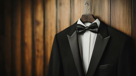 A black tuxedo hanging on a wooden hanger, ready for a formal event.の素材
