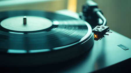 A black vinyl record spinning on a turntable, with soft light casting shadows around it.の素材