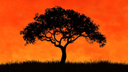 A black silhouette of a tree against a fiery orange sunset, creating a dramatic contrast.の素材