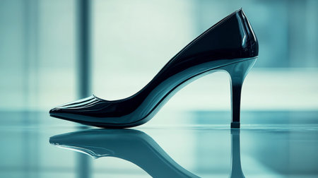 A black high-heeled shoe on a glossy surface, reflecting the soft light from above.の素材