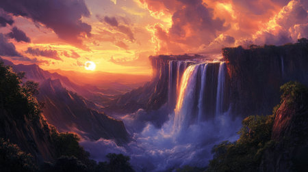 A breathtaking waterfall set against a dramatic sunset, with the sky glowing orange and pink.の素材