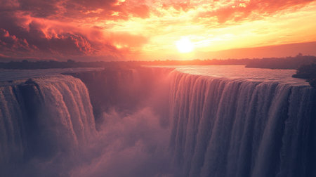 A breathtaking waterfall set against a dramatic sunset, with the sky glowing orange and pink.の素材