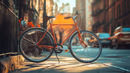 A bright orange bicycle parked on a sunny street, with its vivid color standing out against the urban backdrop.の素材