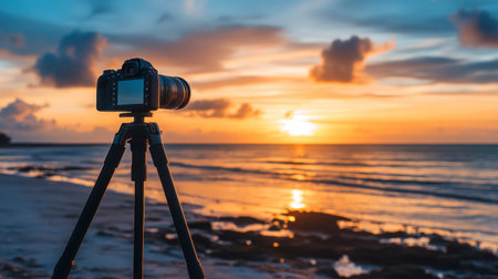 A camera set up on a tripod by the beach, capturing the sunset over the horizon.の素材