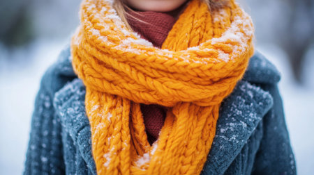 A cheerful orange scarf wrapped around a person neck, with a cozy winter outfit and snow-covered background.の素材