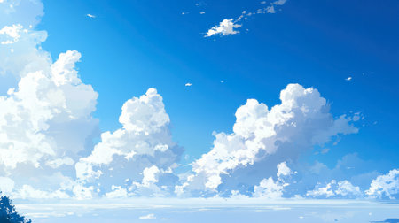 A clear blue sky with a few fluffy white clouds drifting lazily across the horizon on a sunny day.の素材