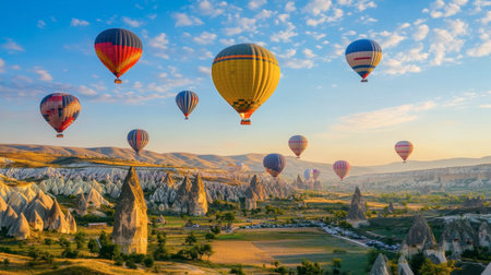 A bright blue sky dotted with hot air balloons in various colors, floating gracefully above the landscape.の素材