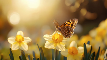 A butterfly landing on a blooming daffodil, with soft sunlight illuminating the scene.の素材