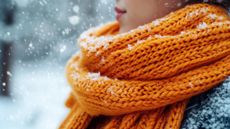 A cheerful orange scarf wrapped around a person neck, with a cozy winter outfit and snow-covered background.の素材