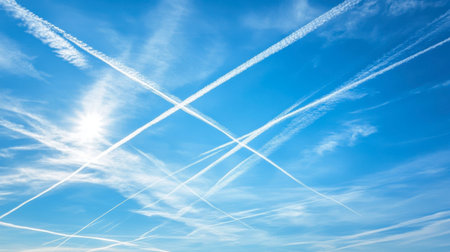 A bright blue sky with contrails from airplanes crisscrossing overhead, creating an intricate pattern.の素材