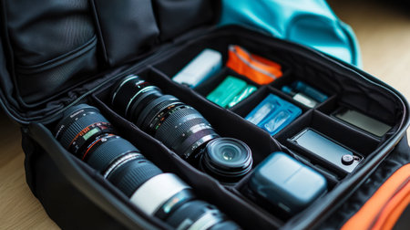 A camera bag open, revealing neatly organized lenses, batteries, and memory cards.の素材