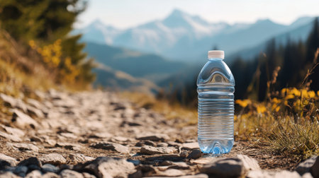 A clear plastic water bottle on a hiking trail, with the mountains in the background, emphasizing the importance of not leaving waste in nature.の素材