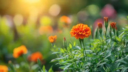 A close-up of a blooming orange marigold in a lush garden, with its vivid petals standing out against green foliage.の素材