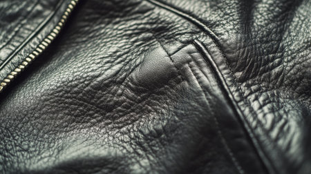 A close-up of a black leather jacket, highlighting the texture and stitching details.の素材