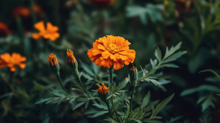 A close-up of a blooming orange marigold in a lush garden, with its vivid petals standing out against green foliage.の素材