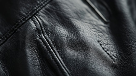 A close-up of a black leather jacket, highlighting the texture and stitching details.の素材