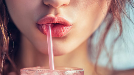 A close-up of a mouth sipping from a straw, with a cold drink in hand and lips slightly puckered.の素材
