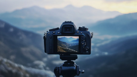 A close-up of a camera viewfinder showing a perfectly composed shot of a scenic mountain range.の素材