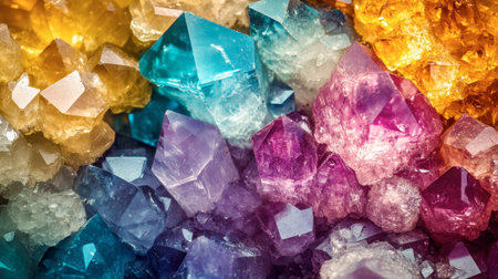 A close-up of colorful rock crystals and minerals, with vibrant hues and intricate details.の素材