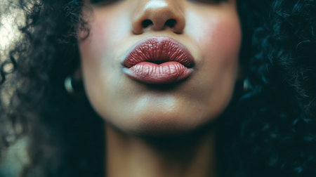 A close-up of a person blowing a kiss, with pursed lips and a playful expression.の素材