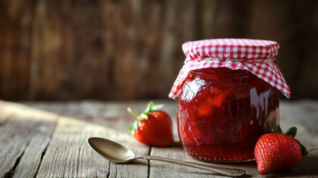 A close-up of a glass jar filled with homemade strawberry jam, with a gingham cloth lid and a spoon beside it on a rustic wooden table.の素材