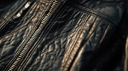 A close-up of a black leather jacket, highlighting the texture and stitching details.の素材