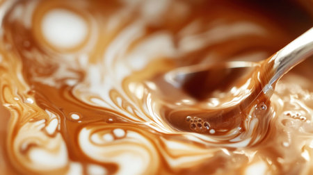A close-up of a spoon stirring a cup of hot coffee, creating swirling patterns in the liquid.の素材