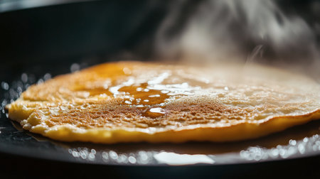 A close-up of a stove griddle sizzling with pancakes, the batter bubbling as it cooks to golden perfection.の素材