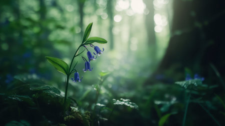 A close-up of a bluebell flower in a forest, with soft light filtering through the trees.の素材