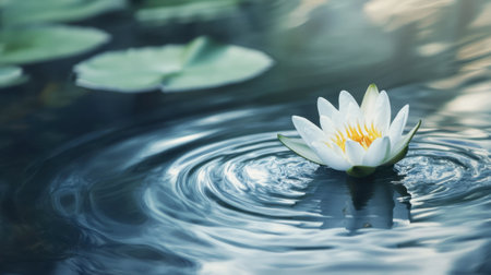 A close-up of a water lily floating on a pond, with ripples gently moving around it.の素材