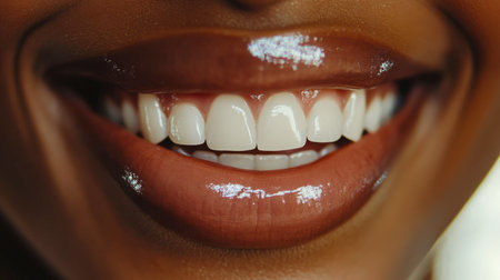 A close-up of a smiling mouth with bright white teeth, lips slightly parted in a natural, happy expression.の素材