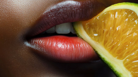 A close-up of a person mouth tasting an exotic fruit, with their lips puckered from the sour flavor.の素材