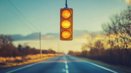 A close-up of a yellow traffic light hanging from a cable above an empty road.の素材