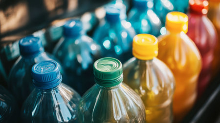 A close-up of colorful plastic bottles arranged in a recycling bin, highlighting the importance of waste management and environmental awareness.の素材