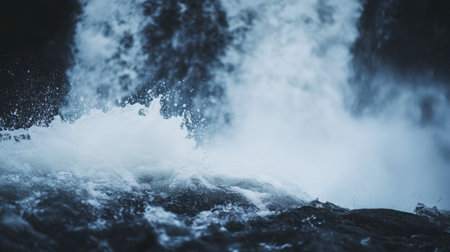 A close-up of a waterfall's rushing water, capturing the spray and mist as it crashes into the rocks.の素材