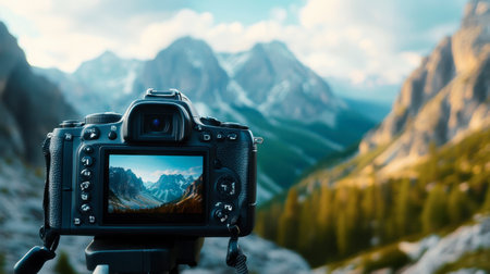 A close-up of a camera viewfinder showing a perfectly composed shot of a scenic mountain range.の素材