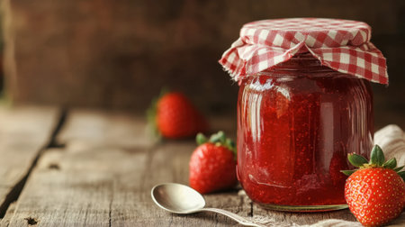 A close-up of a glass jar filled with homemade strawberry jam, with a gingham cloth lid and a spoon beside it on a rustic wooden table.の素材