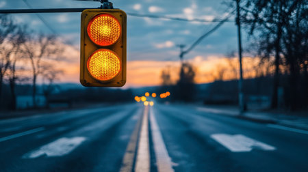 A close-up of a yellow traffic light hanging from a cable above an empty road.の素材