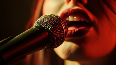 A close-up of a singer's mouth at a microphone, capturing the intensity and emotion of the performance.の素材