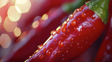 A close-up of a red chili pepper, showcasing its shiny, smooth surface and vibrant color.の素材