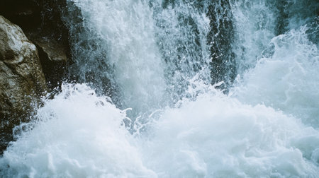 A close-up of a waterfall's rushing water, capturing the spray and mist as it crashes into the rocks.の素材