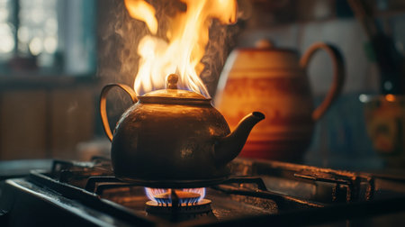 A close-up of a stove's burner with flames heating a tea kettle, creating a cozy and inviting kitchen scene.の素材