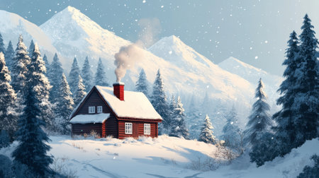 A cozy mountain cabin nestled in a snowy landscape, with smoke rising from the chimney and pine trees surrounding it.の素材
