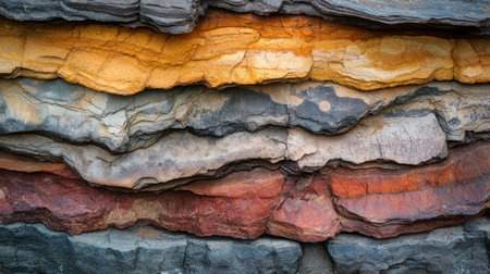 A close-up of sedimentary rock layers showing different colors and textures, revealing the history of the earth.の素材