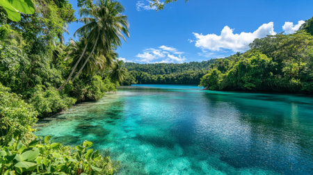 A crystal-clear turquoise lagoon surrounded by lush tropical vegetation and palm trees under a bright blue sky.の素材