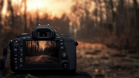 A digital camera displaying the last photo taken, with the scene it captured still in the background.の素材